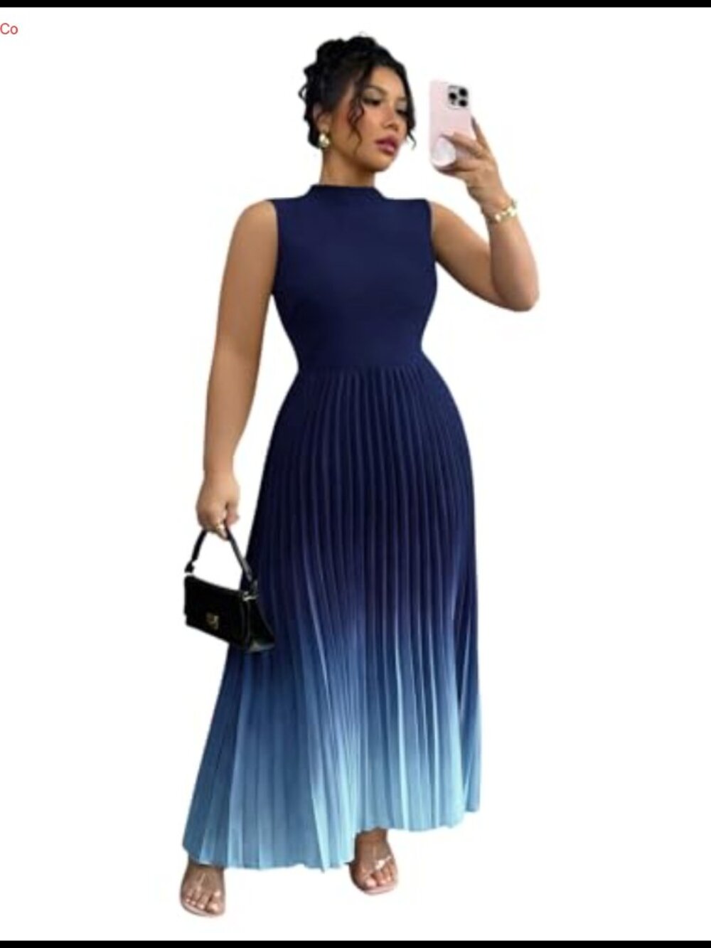 Women's Plus Size Sleeveless Flowy Maxi Dress Mock Neck Pleated A-Line